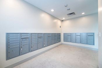 the lockers in the basement of the building are blue